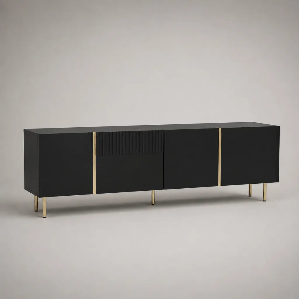 TV-Lowboard aus MDF und Stahl mit 4 Türen, Schwarz/Gold, 180 × 40 × 65 cm