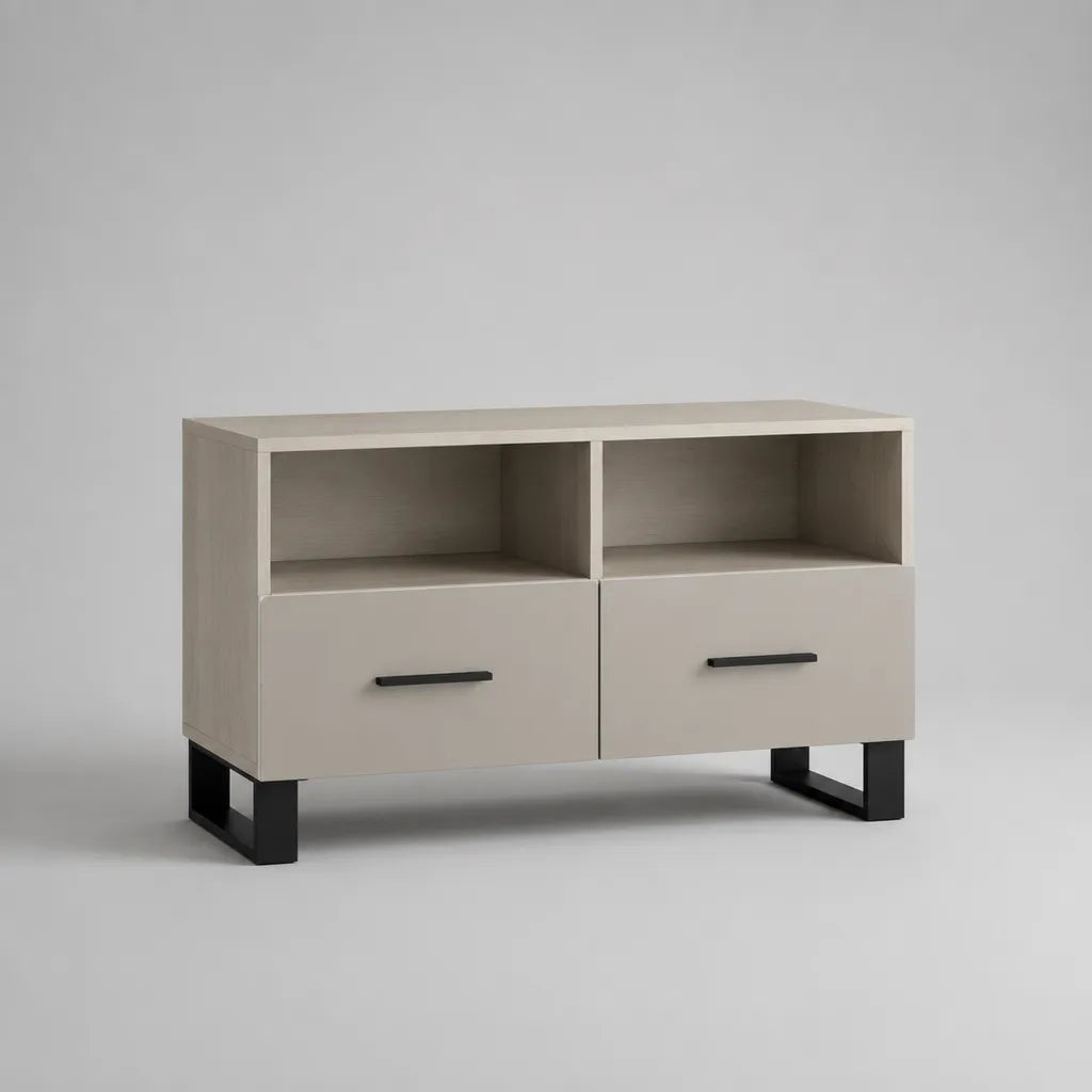 TV-Lowboard aus melaminharzbeschichteter Spanplatte mit 2 Schubladen und 2 offenen Fächern, Greige/Schwarz, 100 × 40 × 70 cm