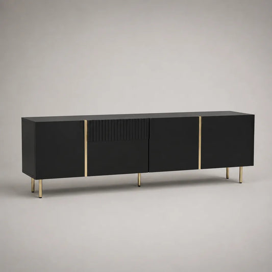 TV-Lowboard aus MDF und Stahl mit 4 Türen, Schwarz/Gold, 180 × 40 × 65 cm