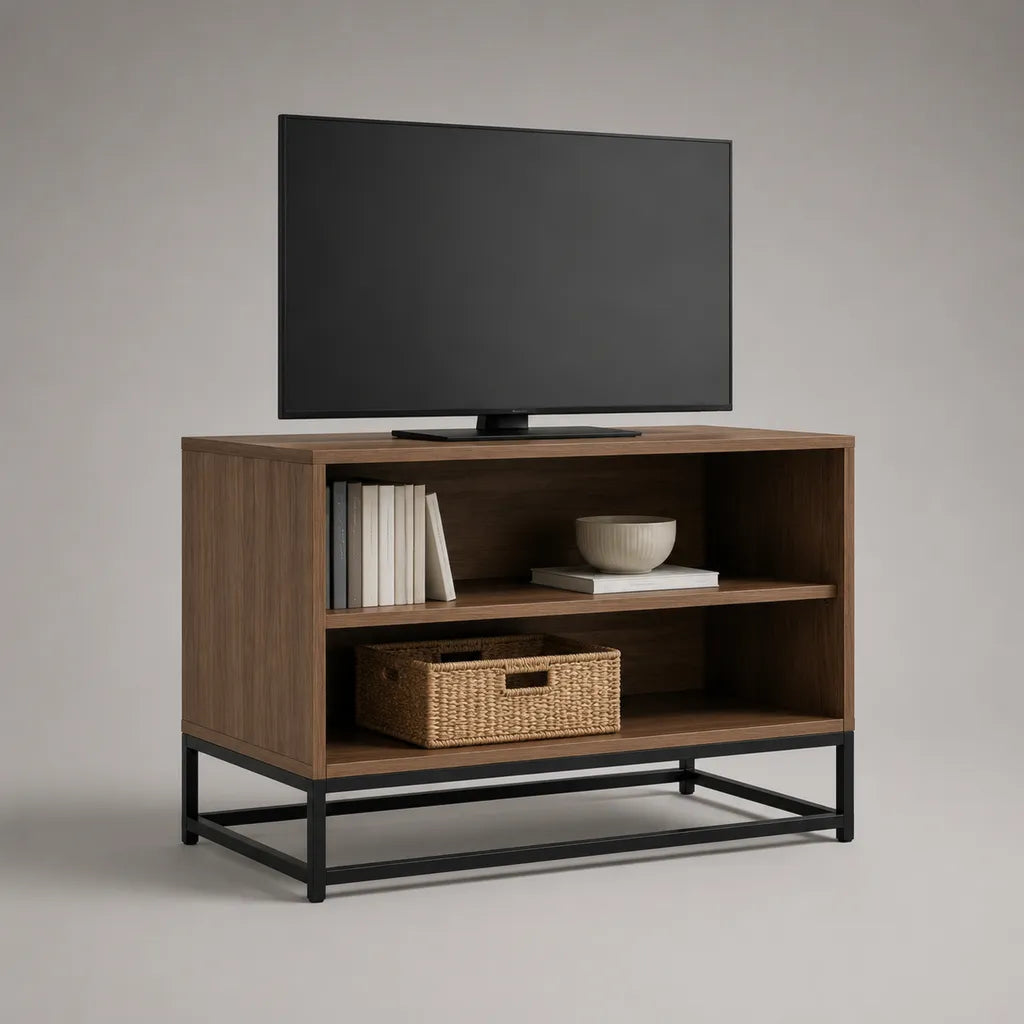 TV-Lowboard aus Spanplatte und Stahl mit 2 offenen Fächern, nussbaumfarben und schwarz, 100 × 40 × 75 cm