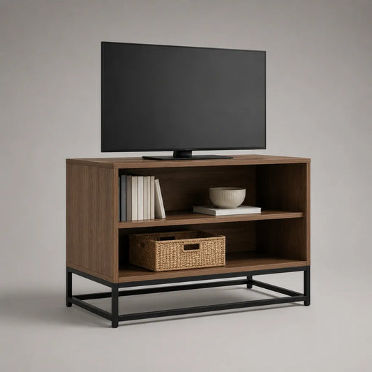 TV-Lowboard aus Spanplatte und Stahl mit 2 offenen Fächern, nussbaumfarben und schwarz, 100 × 40 × 75 cm