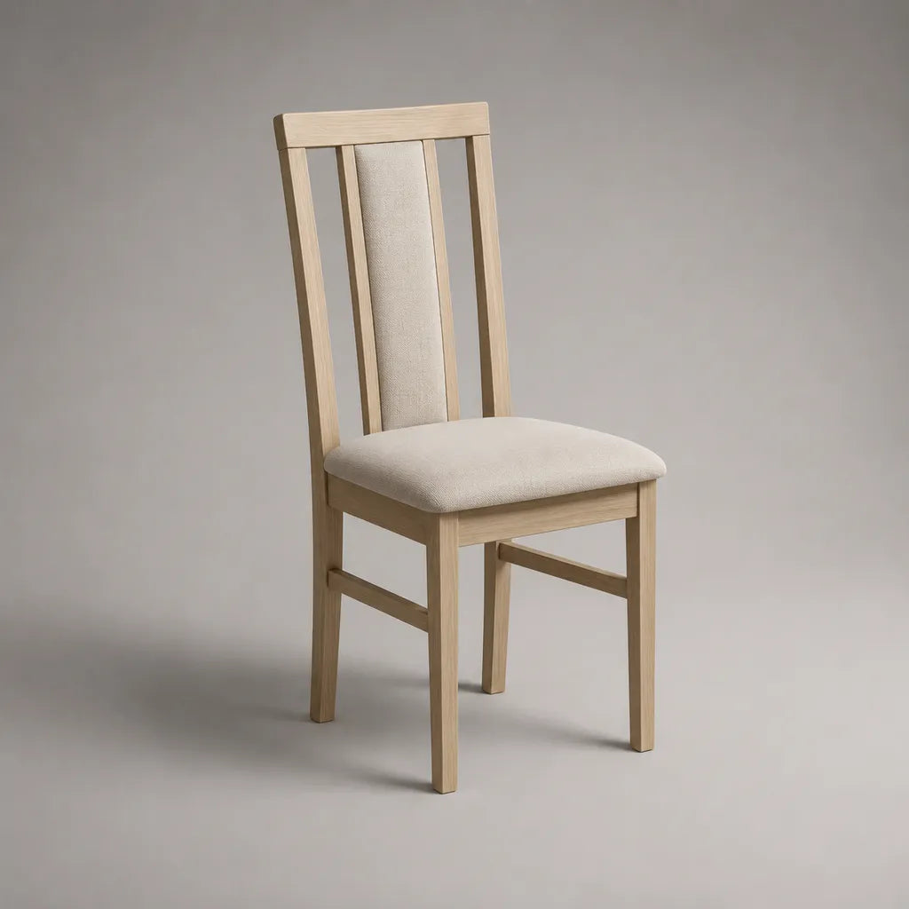 Gepolsterter Esszimmerstuhl aus Kautschukbaum-Massivholz und Polyestergewebe, Natur/Creme, 43 × 48 × 96 cm