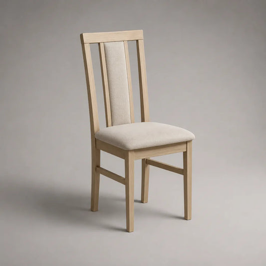 Gepolsterter Esszimmerstuhl aus Kautschukbaum-Massivholz und Polyestergewebe, Natur/Creme, 43 × 48 × 96 cm