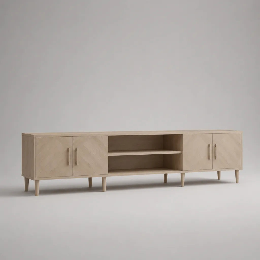 TV-Lowboard Fernsehschrank aus MDF mit Eiche-Dekor, 4 Türen und 2 offenen Fächern, Naturbeige/Hellbraun, 200 × 40 × 55 cm