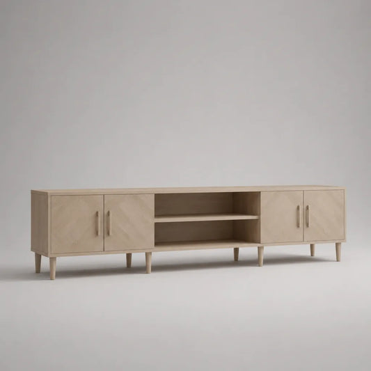 TV-Lowboard Fernsehschrank aus MDF mit Eiche-Dekor, 4 Türen und 2 offenen Fächern, Naturbeige/Hellbraun, 200 × 40 × 55 cm
