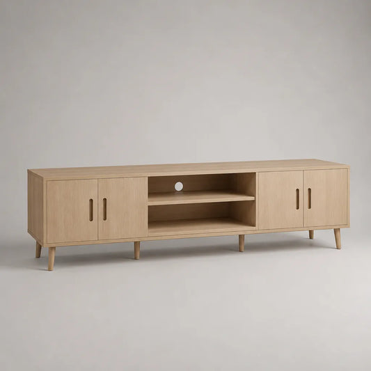 TV-Lowboard aus MDF mit Eichenfurnier, 4 Türen und Kabeldurchlass, Eiche Natur, 180 × 40 × 62 cm