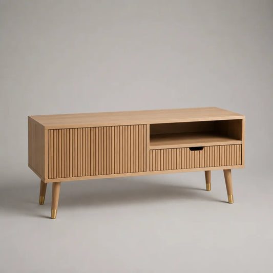 TV-Lowboard aus MDF mit Eichenfurnier und Lamellenfront, Eiche natur/Goldfarben, 120 × 40 × 60 cm