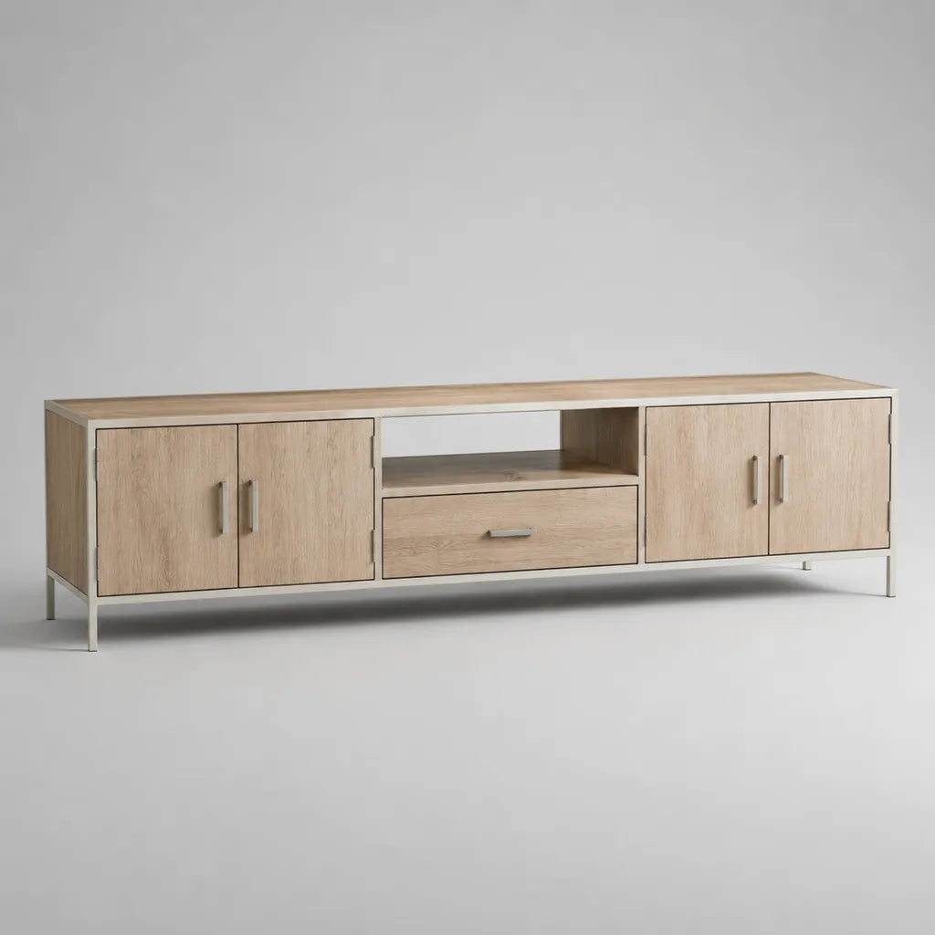 TV-Lowboard aus MDF mit Eichenfurnier und Stahlgestell, Eiche Natur/Beige, 180 × 40 × 60 cm