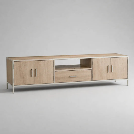 TV-Lowboard aus MDF mit Eichenfurnier und Stahlgestell, Eiche Natur/Beige, 180 × 40 × 60 cm