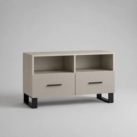TV-Lowboard aus melaminharzbeschichteter Spanplatte mit 2 Schubladen und 2 offenen Fächern, Greige/Schwarz, 100 × 40 × 70 cm
