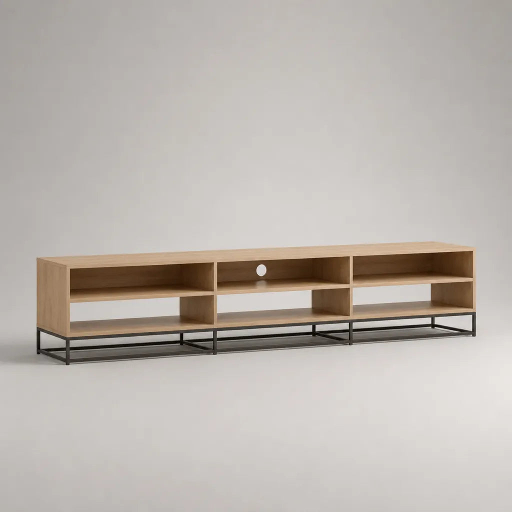 TV-Lowboard aus Spanplatte und Stahl mit 6 offenen Fächern, Eiche Natur/Schwarz, 200 × 40 × 50 cm
