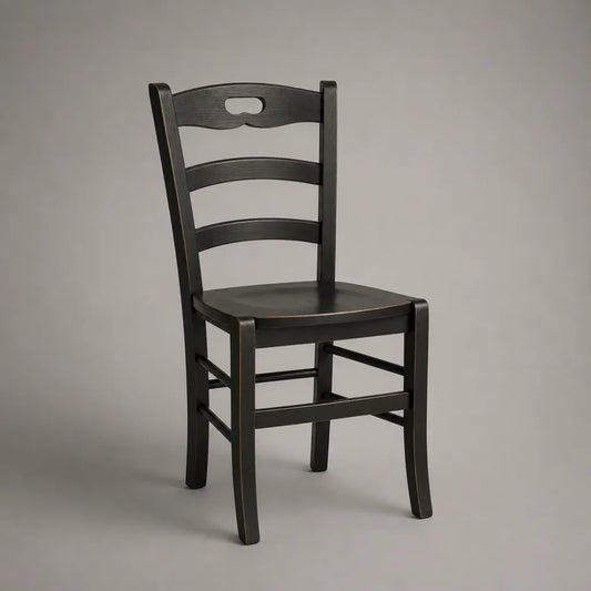 Esszimmerstuhl aus Massivholz mit rechteckiger Sitzfläche und Leiterlehne, Schwarz/Braun, 43 × 48 × 91 cm